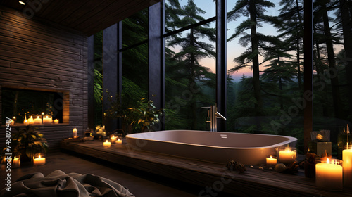 Bathroom interior with lit candles, dimmed light, panoramic window with a view of the forest. 3d rendering mockup © Anna Iluschenko