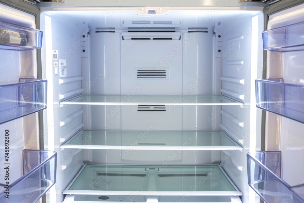 Top view shot of inside an empty refrigerator with shelves installed Top view shot of inside an empty refrigerator with shelves installed
