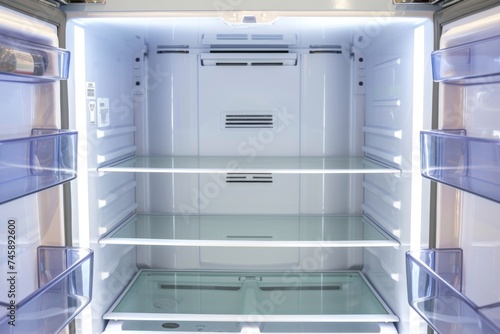 Top view shot of inside an empty refrigerator with shelves installed
