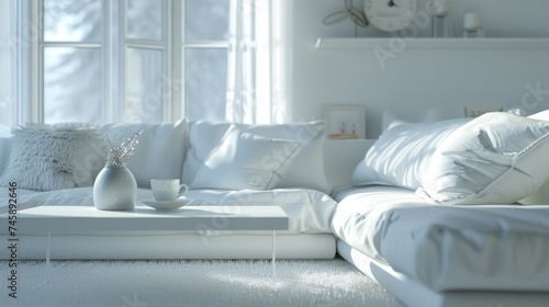Modern bright interior,light white room and big window . 3D rendering