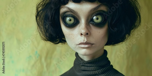 Portrait of alien woman with big eyes make up looking at camera photo