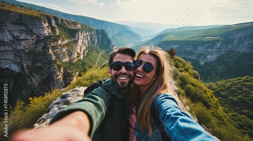 Beautiful young couple traveling, capturing a selfie portrait against a scenic backdrop during their vacation