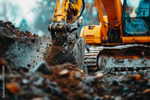 excavator digging hole ground, bulldozer on construction site photo