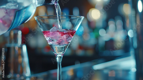 Detailed close-up of a bartender pouring vodka cosmopolitan into a martini glass, showcasing the cocktail's shimmering appearance and elegant presentation.