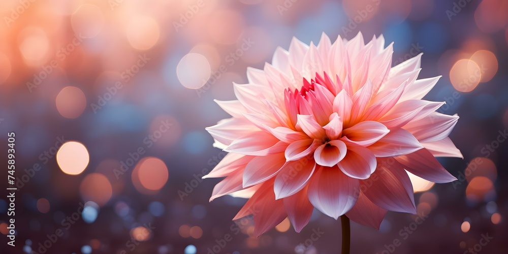 Gorgeous pink dahlia bloom surrounded by dreamy bokeh lighting for text. Concept Dahlia Bloom, Pink Flowers, Bokeh Lighting, Dreamy Background, Text Overlay - obrazy, fototapety, plakaty 