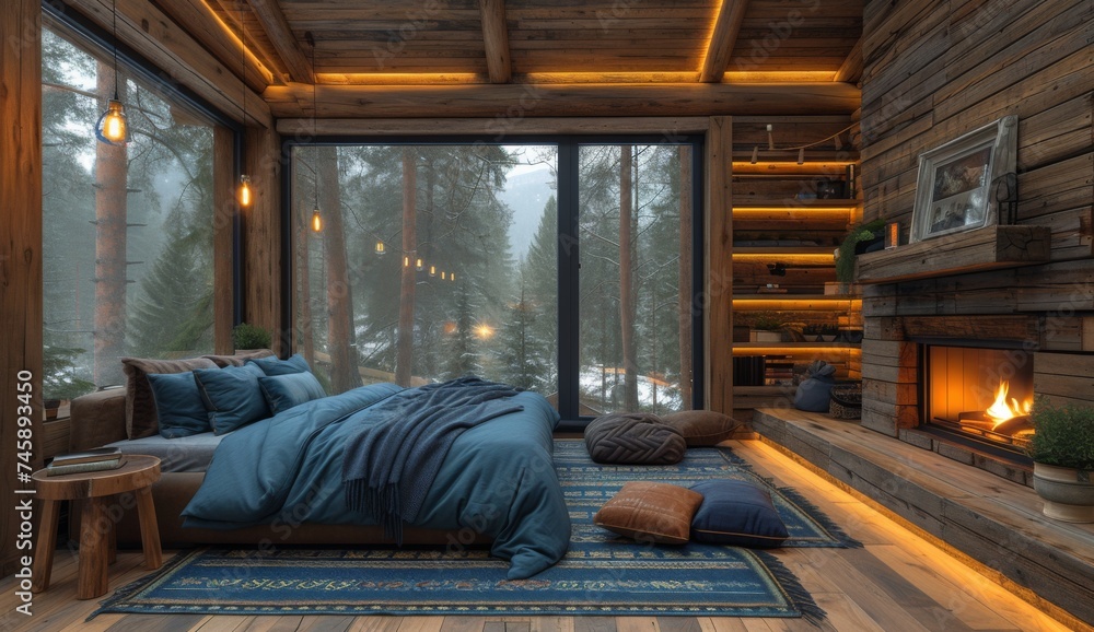 bedroom in the modern rustic cabin with windows and a fireplace with lights