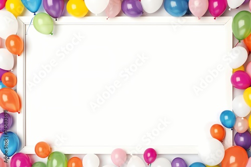 A high-definition snapshot captures the excitement as balloons, large and small, form a colorful border around an empty birthday frame, ready for celebration.