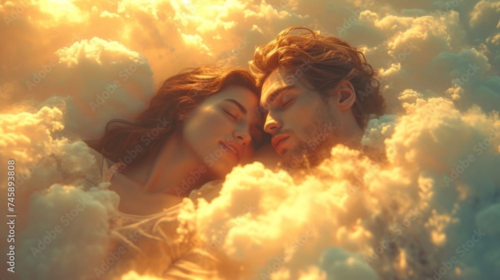  a man and a woman sleeping in a comfortable cloud in the sky