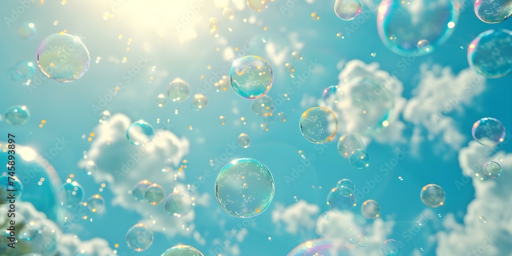 Shimmering soap bubbles float against a sunny sky outdoors. Concept Outdoor Photography, Soap Bubbles, Sunny Sky, Shimmering, Playful Display