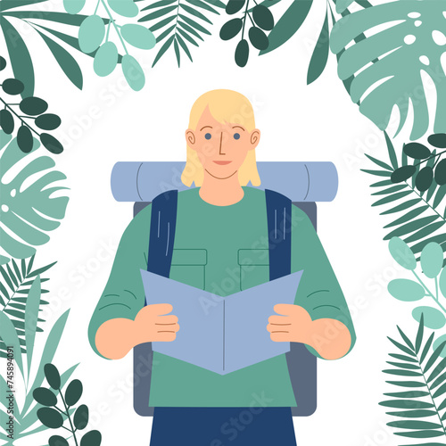 the concept of ecotourism. a man with a backpack goes hiking. research and study of nature. vector
