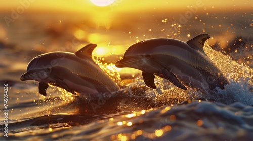 Playful Dolphins Delighting in the Water. A Spectacle of Joy and Wonder. With Graceful Leaps and Spirited Splashes © Thares2020