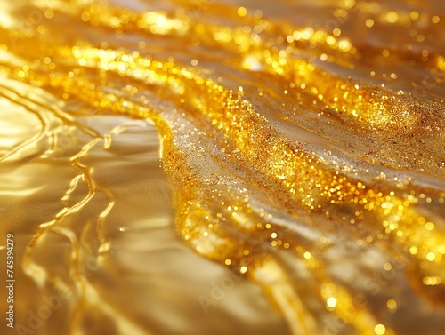 Macro shot of smooth golden glitter waves, luxurious background texture (2)