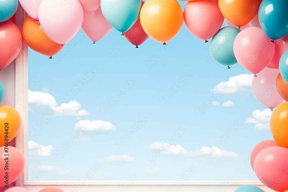A high-definition capture showcases balloons in a delightful array, encircling an empty birthday frame, ready to document moments of merriment.