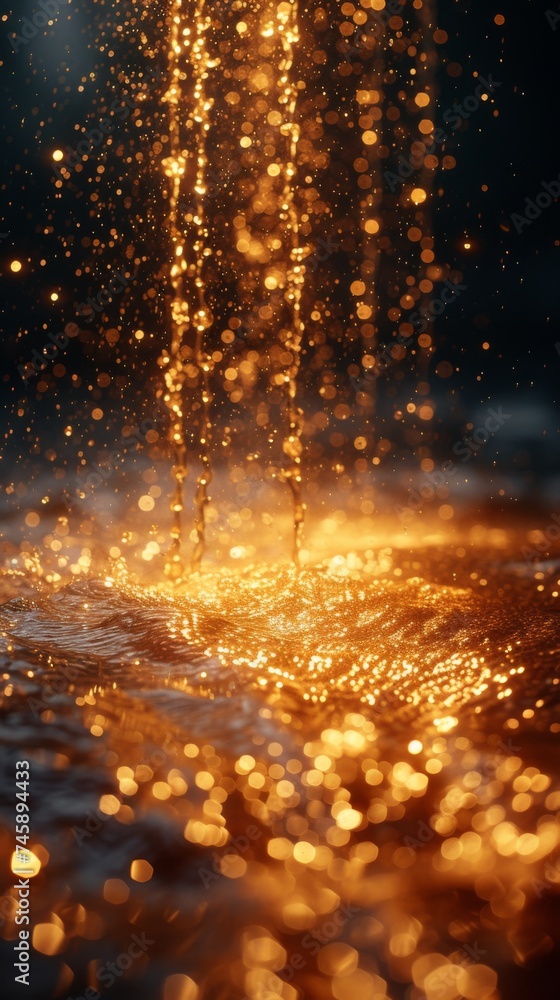 Golden droplets cascade gracefully into a shimmering surface, creating a mesmerizing display of light and color during twilight hours Golden droplets cascade gracefully into a shimmering surface, creating a mesmerizing display of light and color during twilight hours