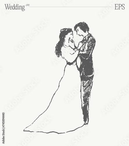 Bride and groom at the wedding ceremony. Hand drawn vector illustration, sketch.