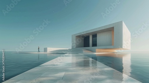 Vacation Home.exterior of contemporary residence with furniture illuminated with lights located close to sea against blue cloudy sky
