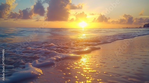Golden Sands and Sea Waves. A Serene Sunset Scene on the Sandy Beach. As the Sun Dips Below the Horizon, the Ocean's Waves Dance Gently upon the Shoreline © Thares2020