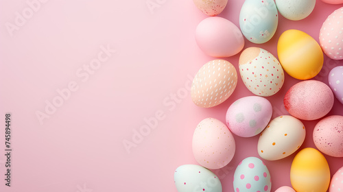 pastel pink blue colors Easter Eggs on side border over pink banner background. Copy space, top view