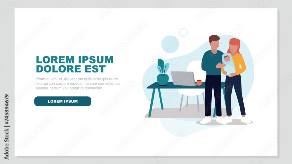 Obraz premium Vektor-Illustration eines Paares mit einem Baby, das entspannt im Home-Office arbeitet - Business-Konzept