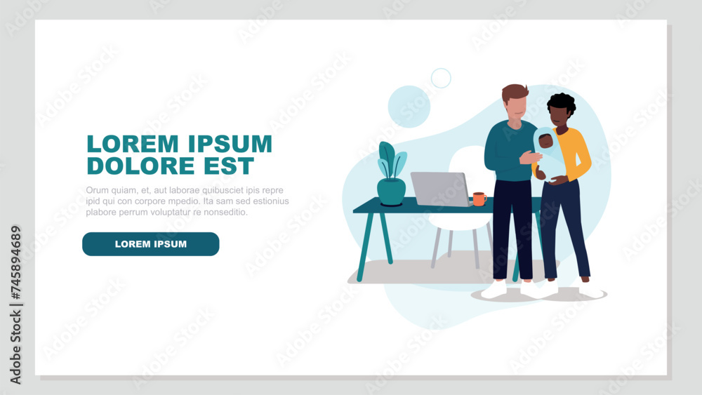 Fototapeta premium Vektor-Illustration eines Paares mit einem Baby, das entspannt im Home-Office arbeitet - Business-Konzept