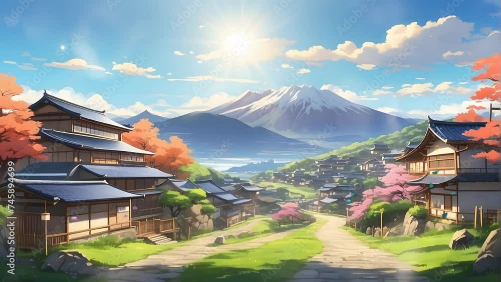 anime scenery of a mountain village with a path leading to a mountain. seamless looping 4k video animation background anime scenery of a mountain village with a path leading to a mountain. seamless looping 4k video animation background