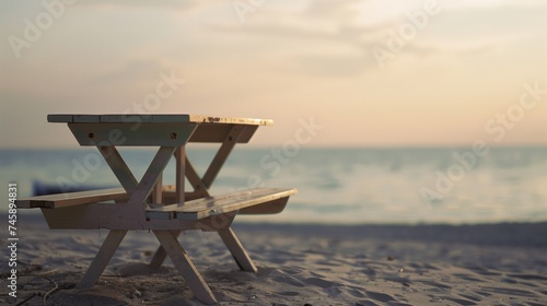 Lonely wooden picnic table on sandy beach at sunset  inviting a peaceful meal with a view of the tranquil ocean horizon