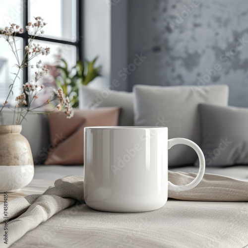 white mug mockup in living room setting 
