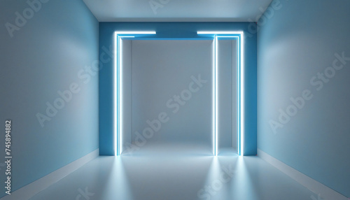 3d render, abstract minimalist blue geometric background. Bright neon light going through the vertical slot. Doorway portal glowing in the dark