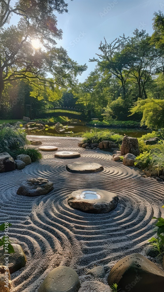 Fototapeta premium Japanese Garden Serenity Crafting a Tranquil Inspired by Nature's Harmony. Amidst the Lush Greenery. A Pathway Meanders Through a Landscape of Stone and Tree
