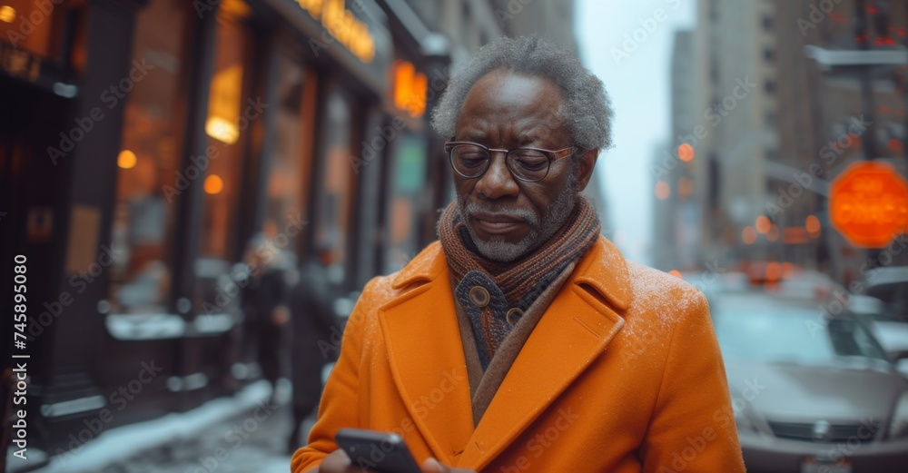 african american businessman using smart phone, in the style of grandparentcore african american businessman using smart phone, in the style of grandparentcore