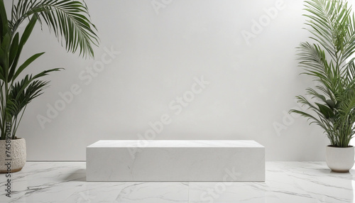 Luxury minimal white marble stage with tropical palm leaves on background