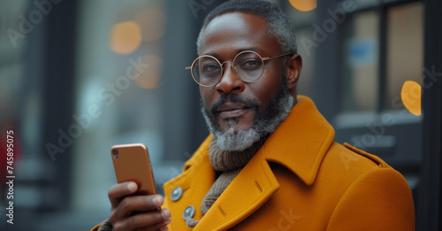 african american businessman using smart phone, in the style of grandparentcore photo