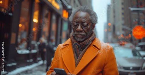 african american businessman using smart phone, in the style of grandparentcore