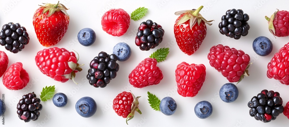A top view of assorted fresh berries with leaves on a white background, perfect for healthy lifestyle concepts A top view of assorted fresh berries with leaves on a white background, perfect for healthy lifestyle concepts