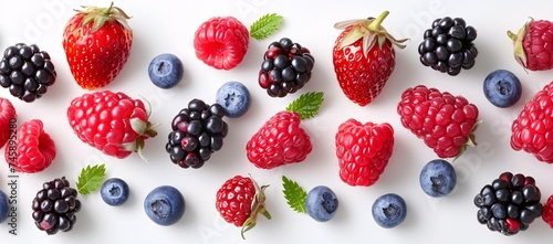 A top view of assorted fresh berries with leaves on a white background, perfect for healthy lifestyle concepts