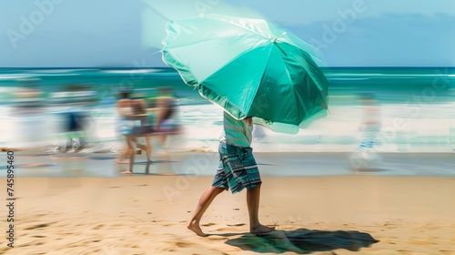 Motion Blur of Person Walking with Beach Umbrella Against a Seascape