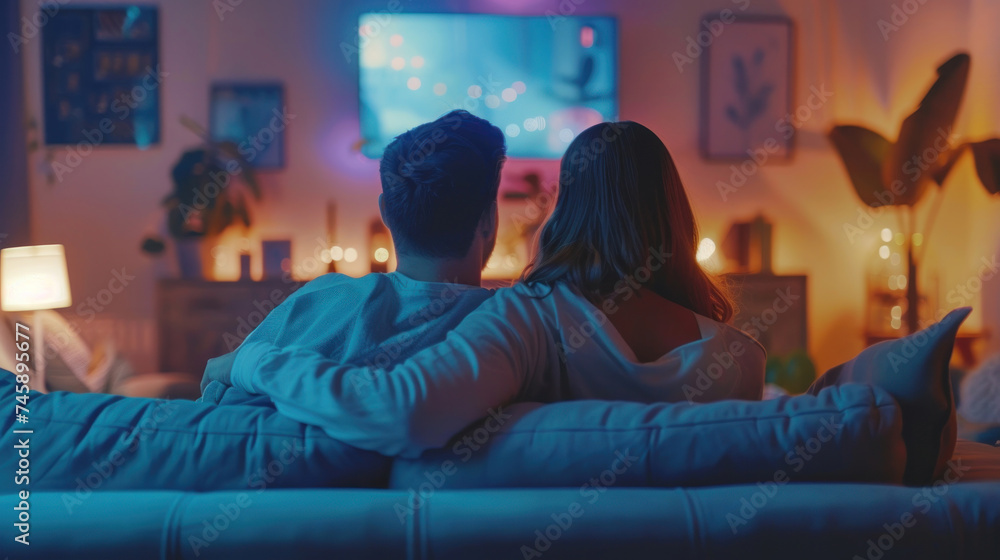 Back view of adult couple watching TV at home while sitting on sofa. Back view of adult couple watching TV at home while sitting on sofa.