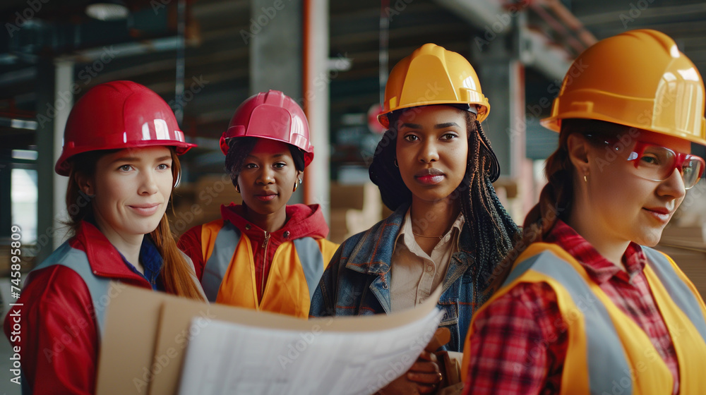 Diverse team group of female construction workers and architect with blueprint. Diverse team group of female construction workers and architect with blueprint.