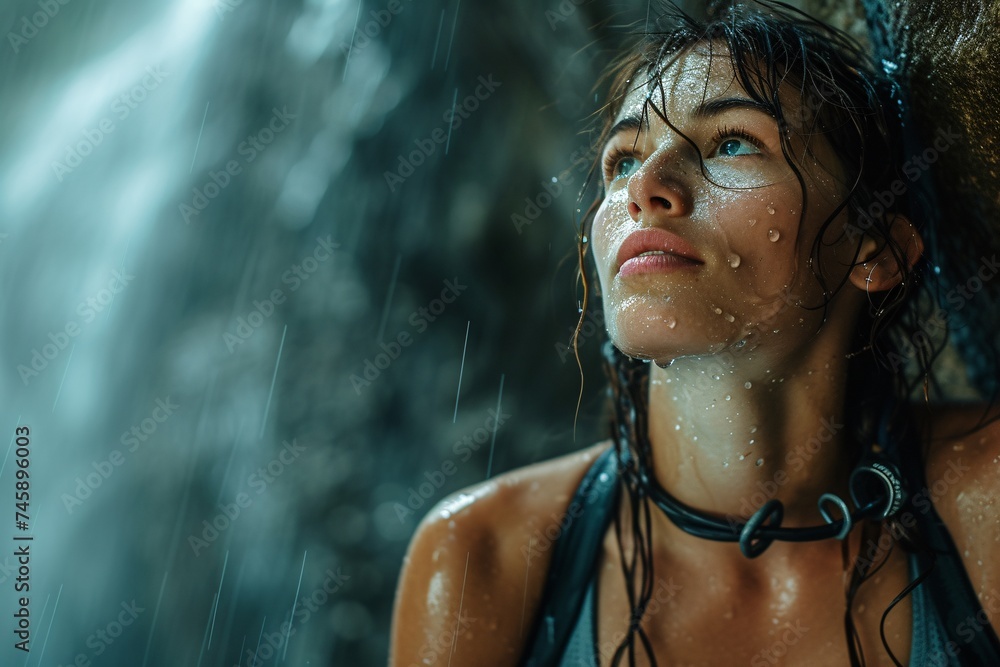 A dynamic image of a woman enjoying a rain shower, focusing on the feeling of the water droplets on her skin