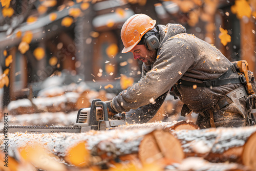 Cut the log with a chainsaw. Work should be done while wearing safety clothing such as a helmet and protective clothing. The concept of safe and secure work.