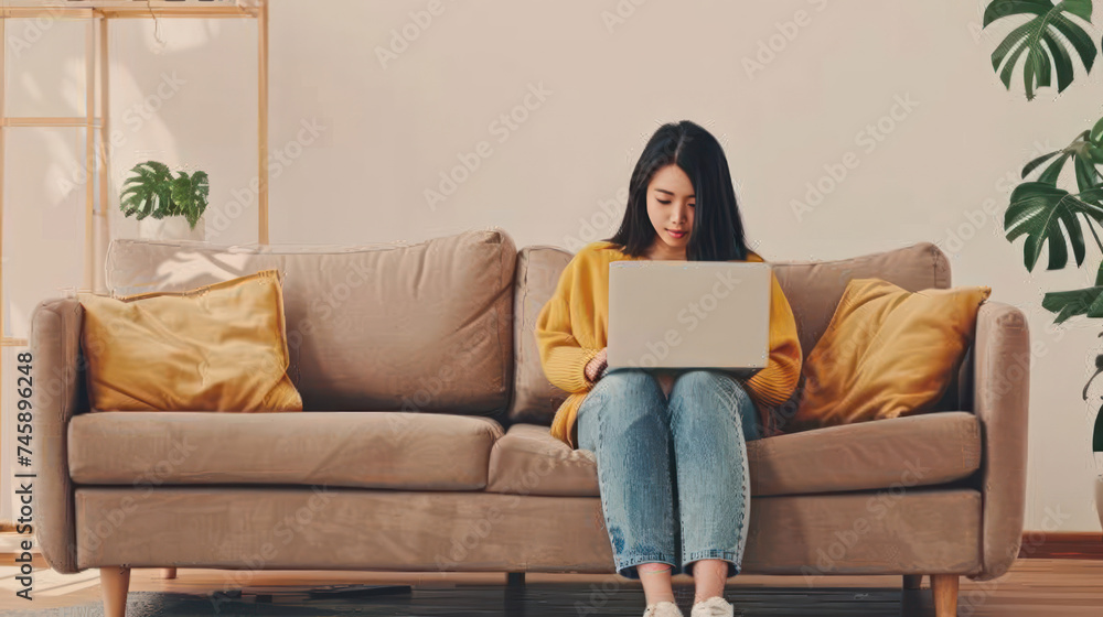 Obraz premium Asian young woman freelancer sitting on comfortable sofa browsing internet via laptop computer. Working from home concept.