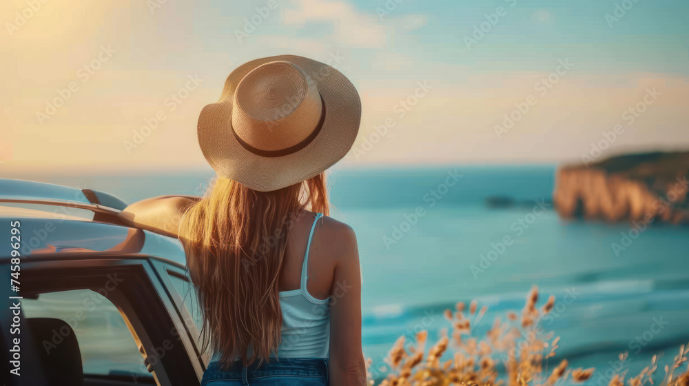 Fototapeta premium Young woman traveler in a hat standing near her car during summer holiday on the sea.