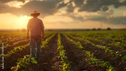 Dedicated Farmer Observing Young Crop Rows at Sunset in a Sprawling Rural Farmland