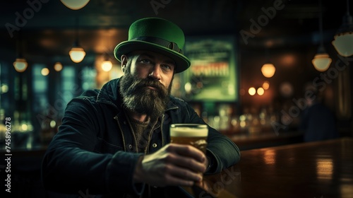 Young handsome man with green hat and beer in hand in Pub on a dark blurred background