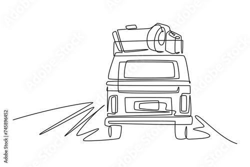 a campervan with touring equipment on top, Drawing by simple continuous line. holiday minimalist concept. simple line.