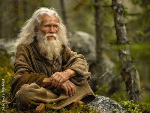 Portrait of Wisdom. An Elderly Man Sits in Contemplation Amidst the Serenity of the Forest, His Weathered Face Reflecting a Lifetime of Experience and Spiritual Depth photo