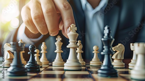 Businessman hands holding chess strategy on challenge with teamwork leadership idea planning or intelligence victory competition. Business concept