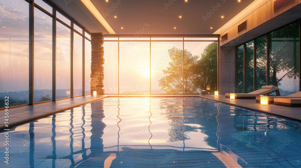 modern luxury indoors swimming pool with large windows in soft sunset light.