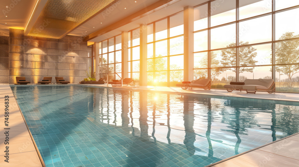 Obraz premium modern luxury indoors swimming pool with large windows in soft sunset light.