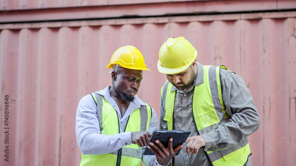 Two professional dock worker or engineering people discussing inventory lists with their supervisor while record data online with digital connection tablet at Container cargo, Import and Export Two professional dock worker or engineering people discussing inventory lists with their supervisor while record data online with digital connection tablet at Container cargo, Import and Export